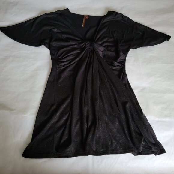 Women Black V-Neck Short Sleeve Top A-Line Knit Shimmer Plunge Ruched Small NWOT - Picture 4 of 10